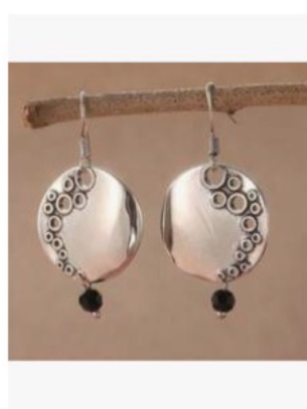Silver Disc Drop Earrings with Black Bead Accent